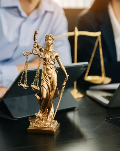 Business and lawyers discussing contract papers with brass scale on desk in office. Law, legal
